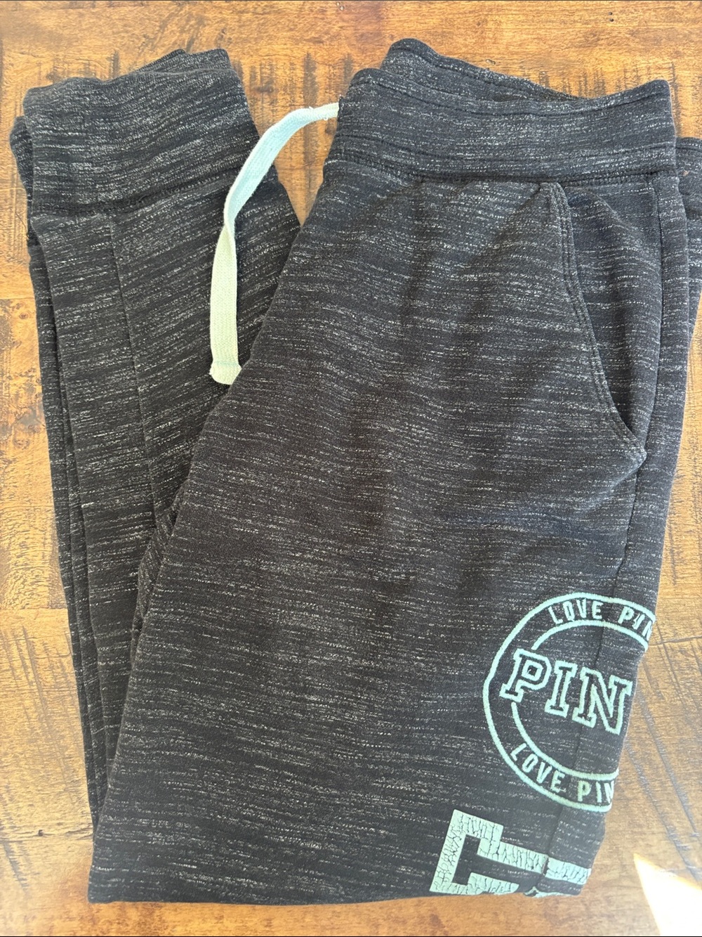 PINK Victoria's Secret Black Heather Joggers with Mint Accents